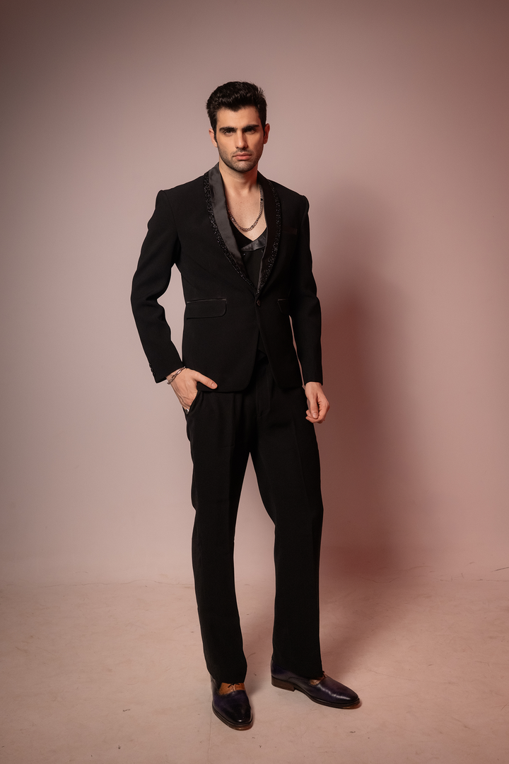 Shadow Luxe — Black Hand Embroidered Armani Fabric Blazer Set