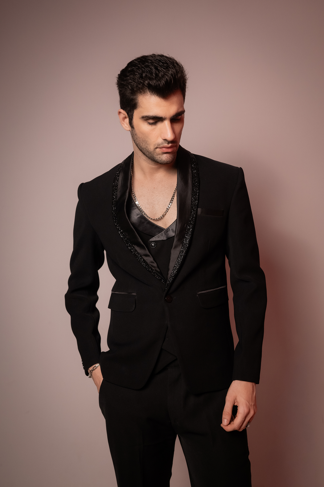 Shadow Luxe — Black Hand Embroidered Armani Fabric Blazer Set