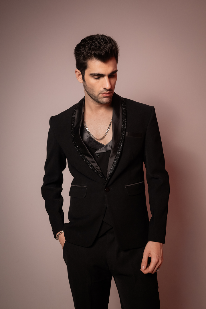 Shadow Luxe — Black Hand Embroidered Armani Fabric Blazer Set