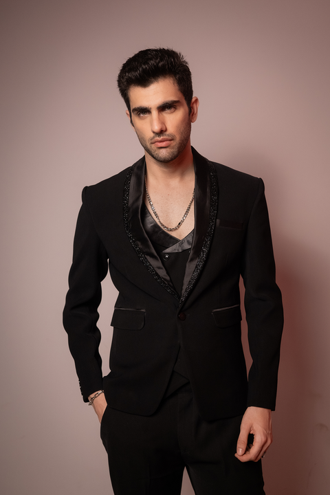 Shadow Luxe — Black Hand Embroidered Armani Fabric Blazer Set
