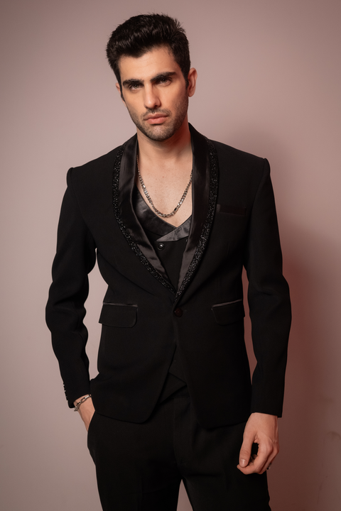 Shadow Luxe — Black Hand Embroidered Armani Fabric Blazer Set