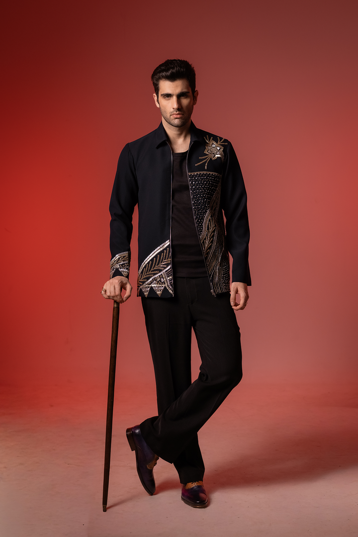 Midnight Crest — Black Hand Embroidered Armani Fabric Shacket