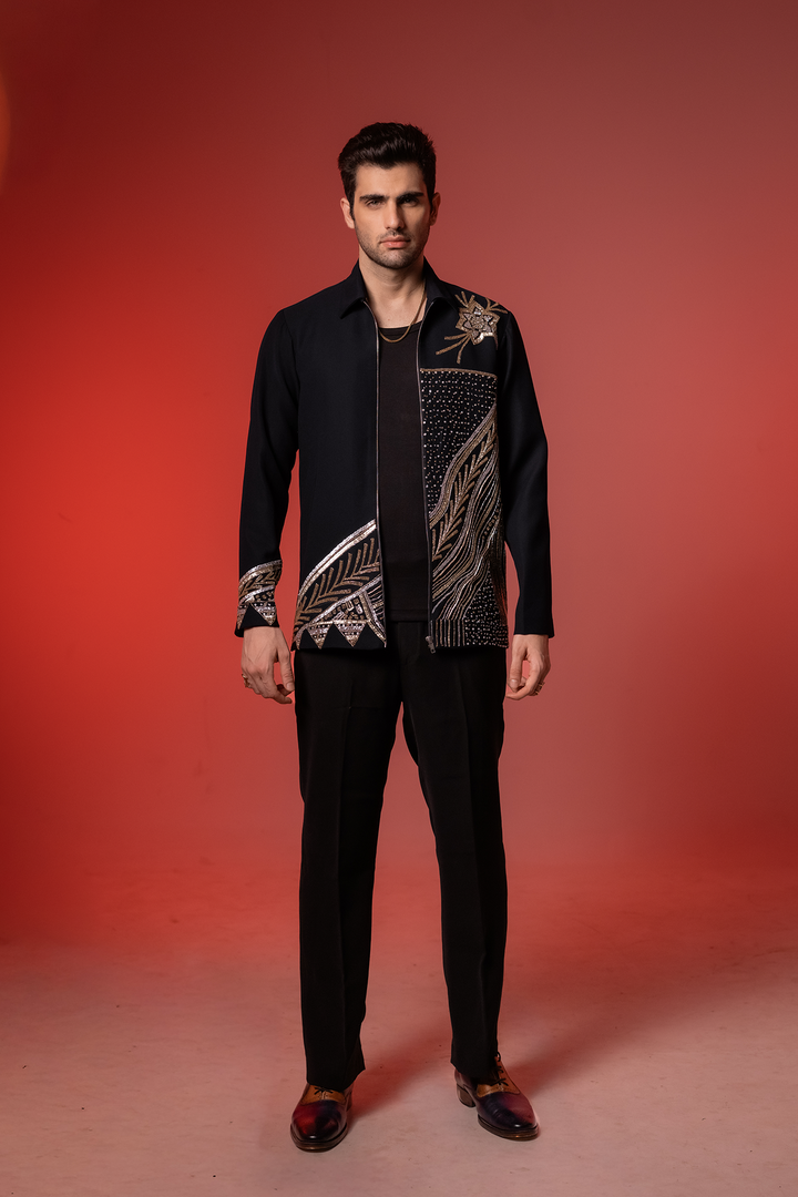 Midnight Crest — Black Hand Embroidered Armani Fabric Shacket