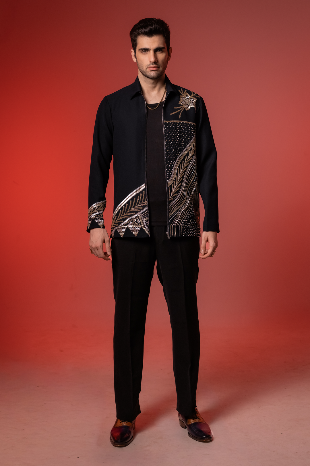 Midnight Crest — Midnight Blue Hand Embroidered Armani Fabric Shacket