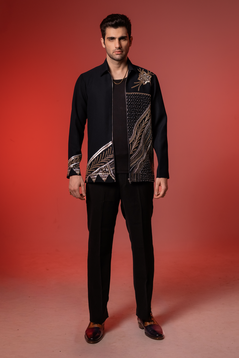 Midnight Crest — Midnight Blue Hand Embroidered Armani Fabric Shacket