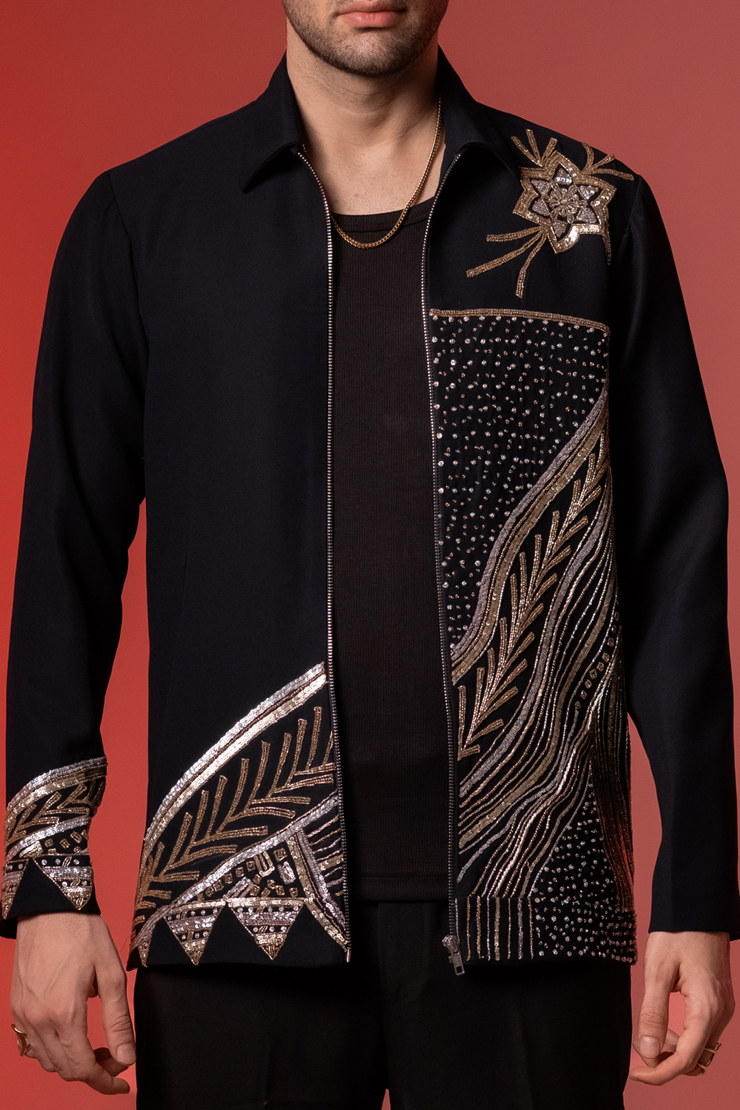 Midnight Crest — Midnight Blue Hand Embroidered Armani Fabric Shacket
