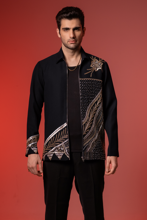 Midnight Crest — Midnight Blue Hand Embroidered Armani Fabric Shacket