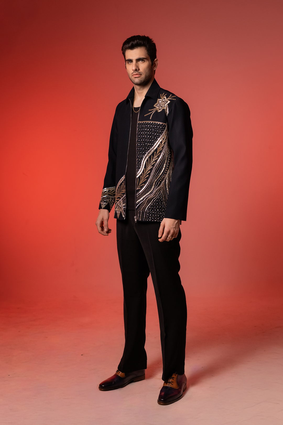 Midnight Crest — Black Hand Embroidered Armani Fabric Shacket