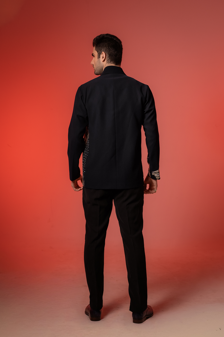 Midnight Crest — Black Hand Embroidered Armani Fabric Shacket