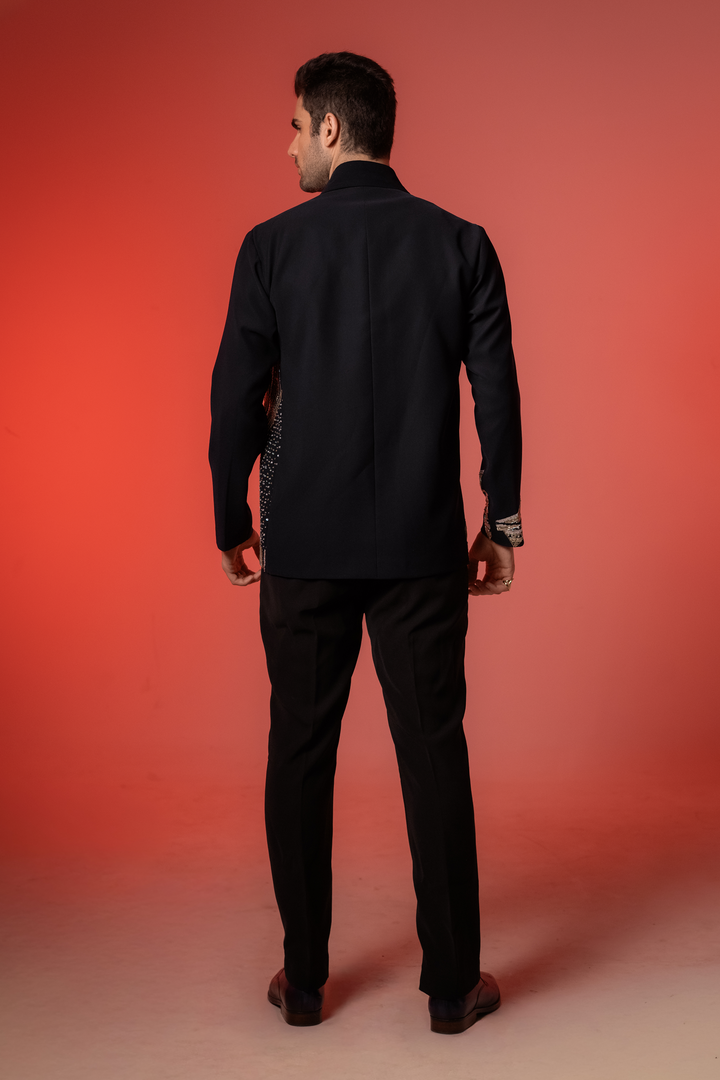 Midnight Crest — Midnight Blue Hand Embroidered Armani Fabric Shacket