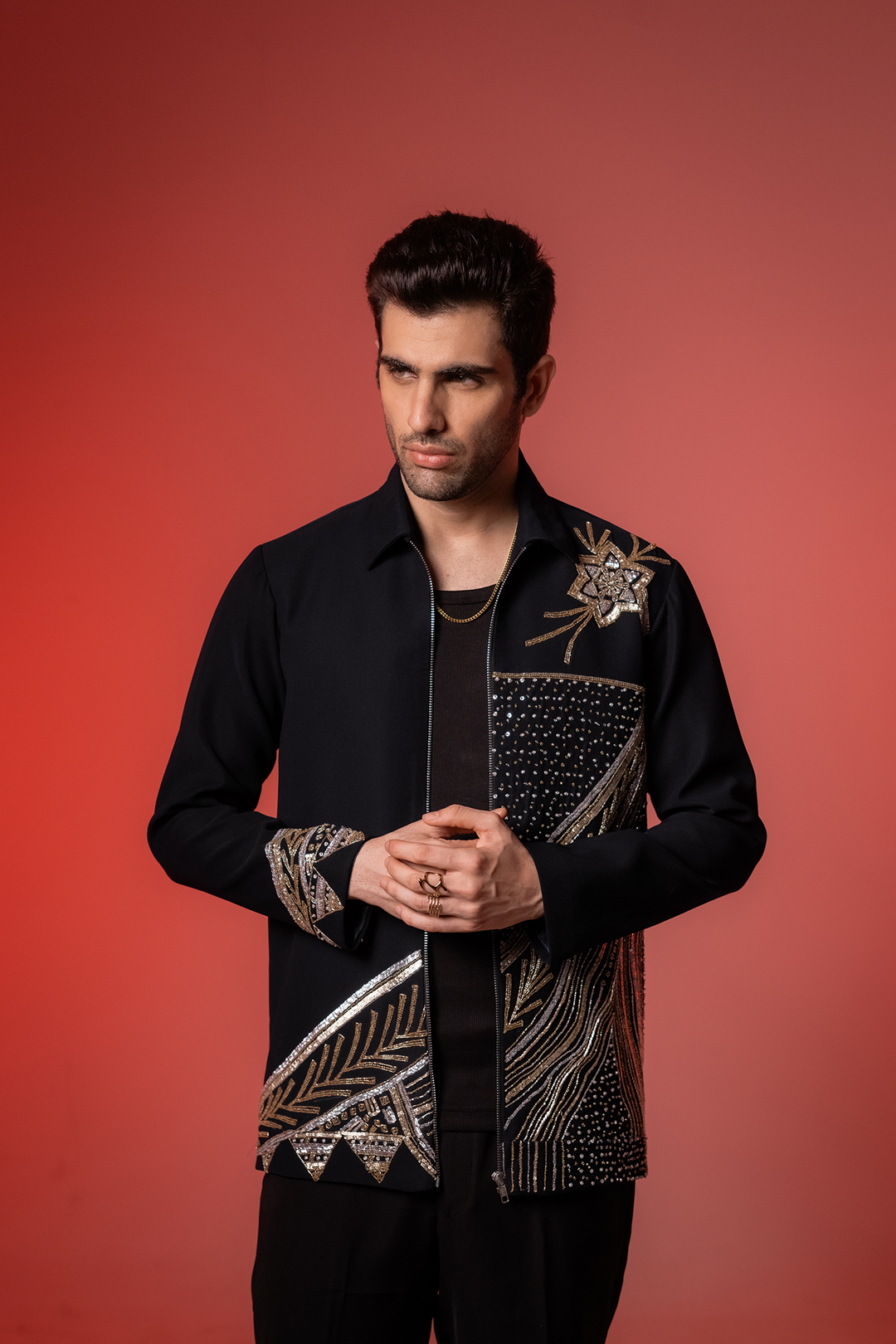 Midnight Crest — Black Hand Embroidered Armani Fabric Shacket
