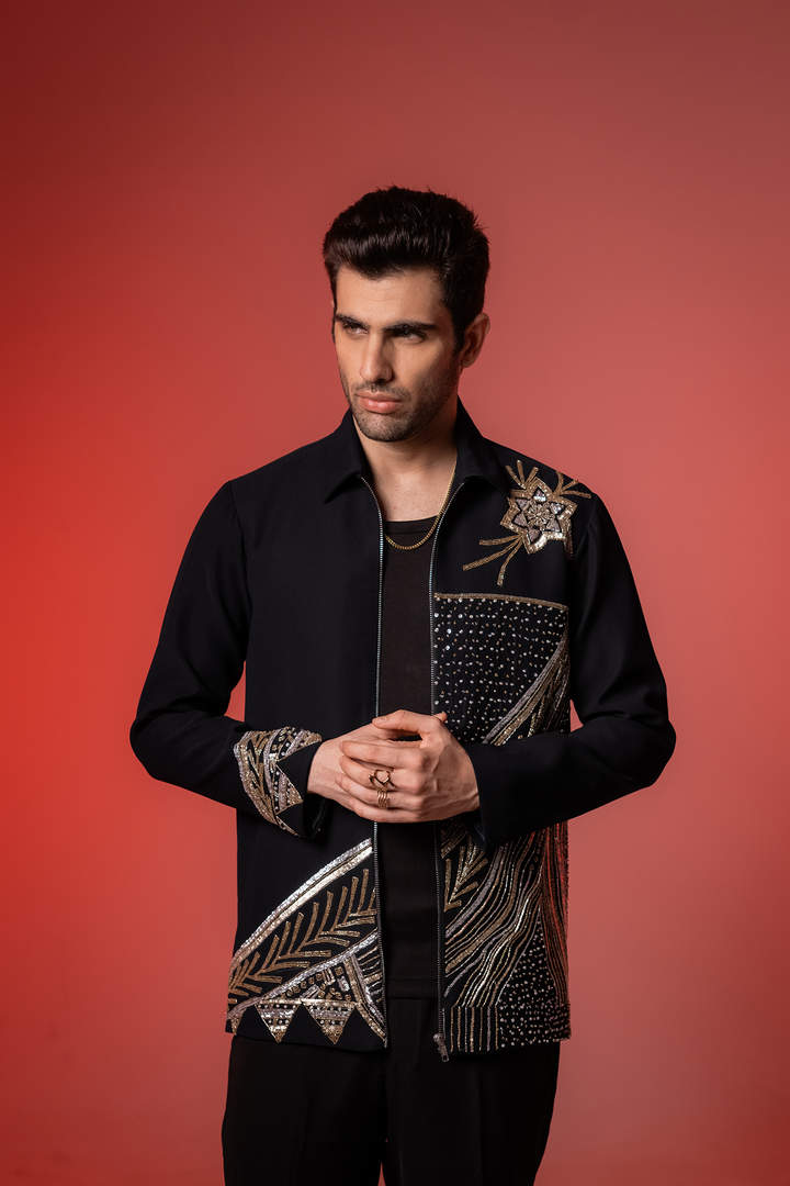 Midnight Crest — Black Hand Embroidered Armani Fabric Shacket