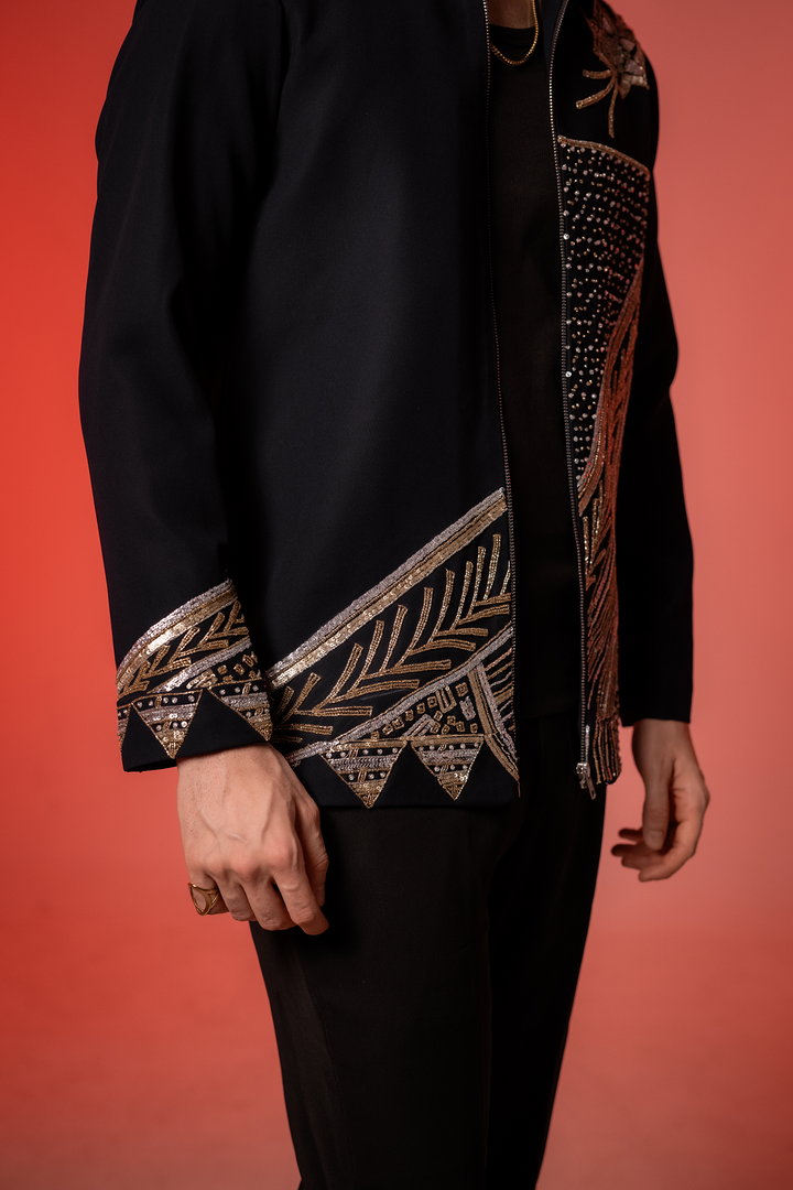 Midnight Crest — Black Hand Embroidered Armani Fabric Shacket