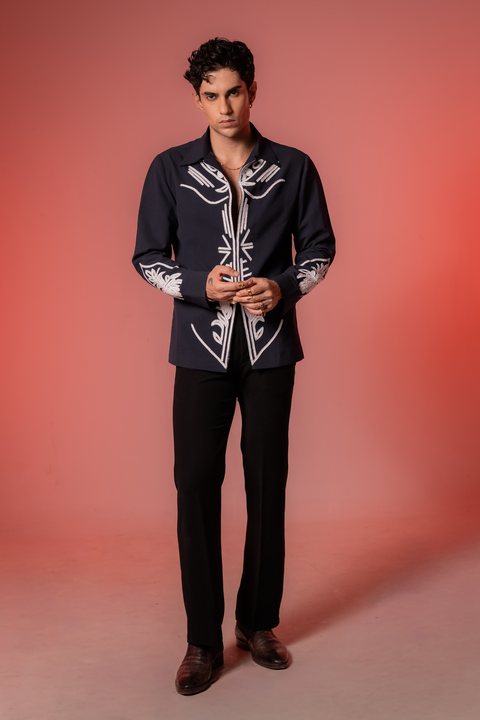 Botan — Midnight Blue Hand Embroidered 4-Way Stretch Shirt