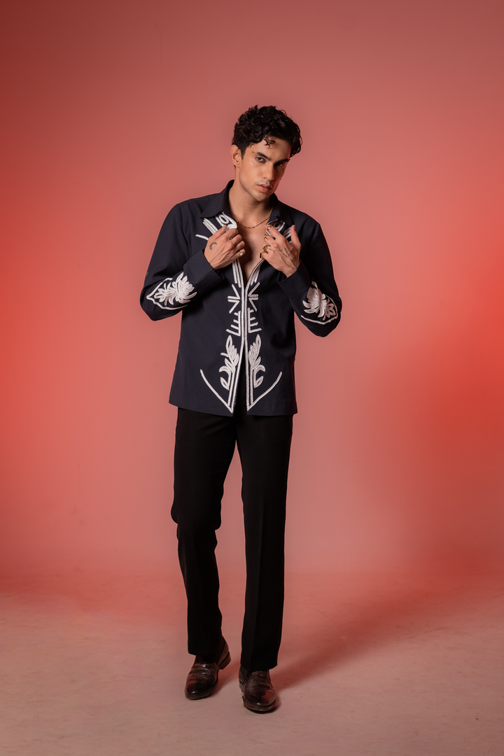 Botan — Midnight Blue Hand Embroidered 4-Way Stretch Shirt