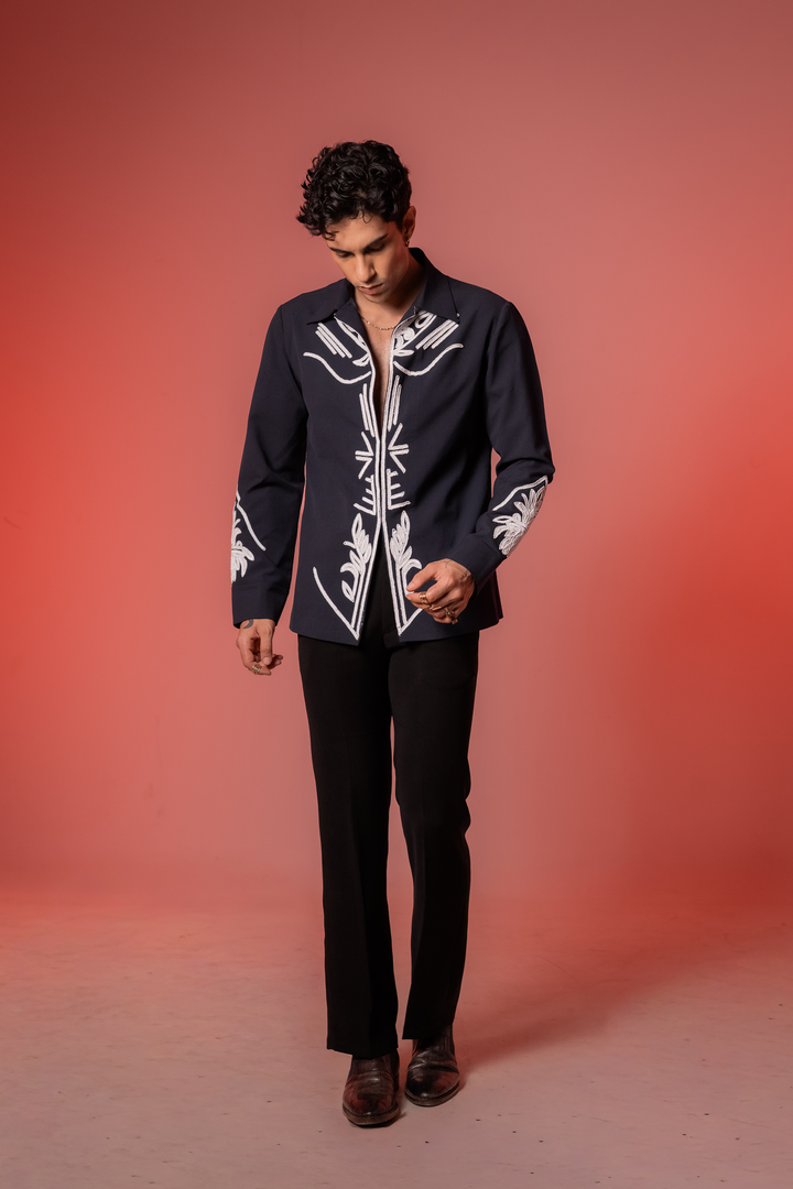 Botan — Midnight Blue Hand Embroidered 4-Way Stretch Shirt