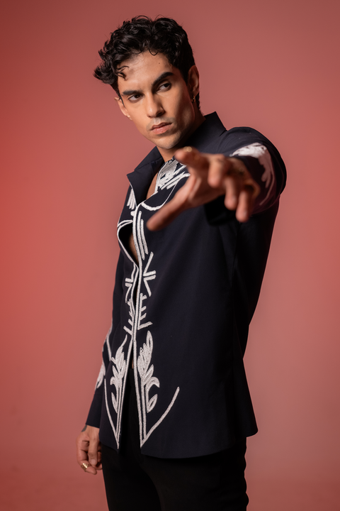 Botan — Midnight Blue Hand Embroidered 4-Way Stretch Shirt