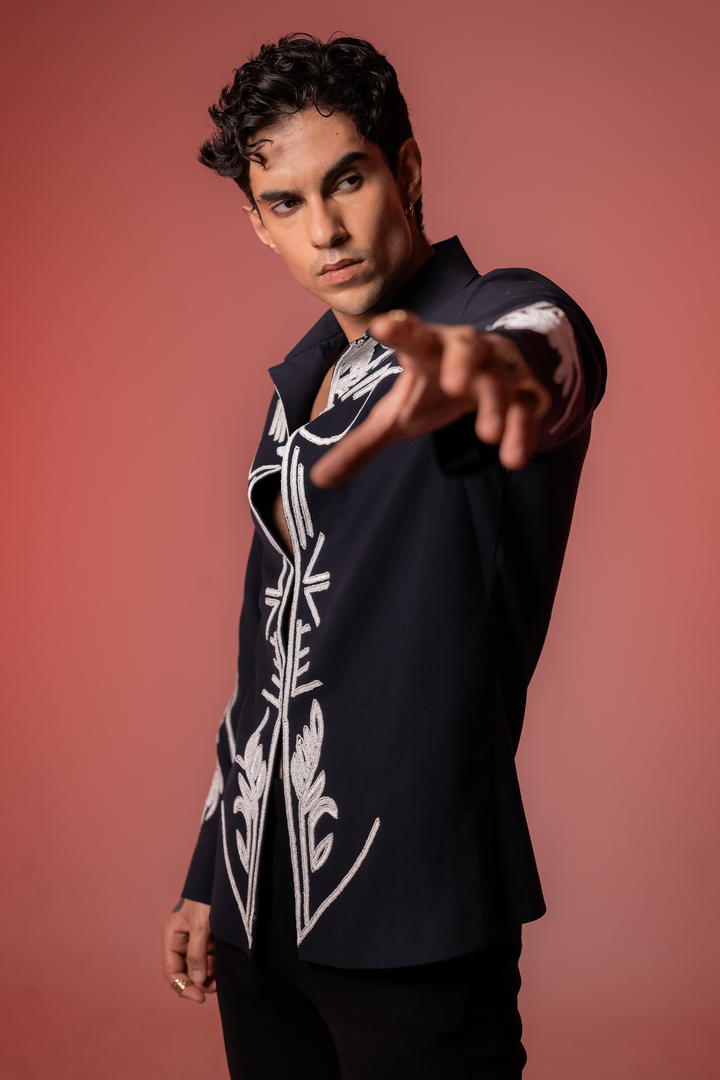 Botan — Midnight Blue Hand Embroidered 4-Way Stretch Shirt