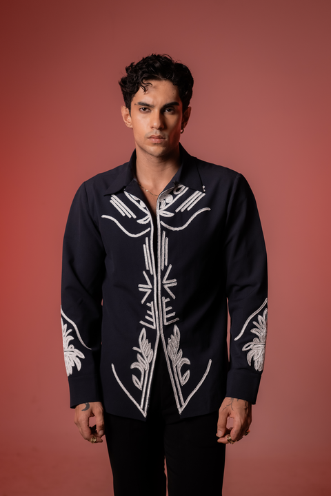Botan — Midnight Blue Hand Embroidered 4-Way Stretch Shirt