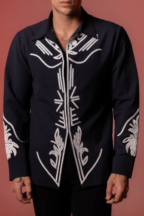 Botan — Midnight Blue Hand Embroidered 4-Way Stretch Shirt