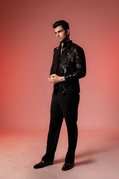 Glitz — Black Sequin Embroidered Armani Fabric Bling Blazer Set