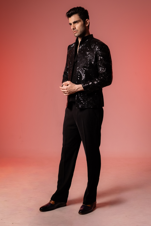 Glitz — Black Sequin Embroidered Armani Fabric Bling Blazer Set