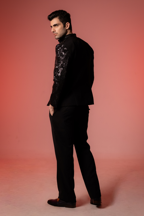 Glitz — Black Sequin Embroidered Armani Fabric Bling Blazer Set