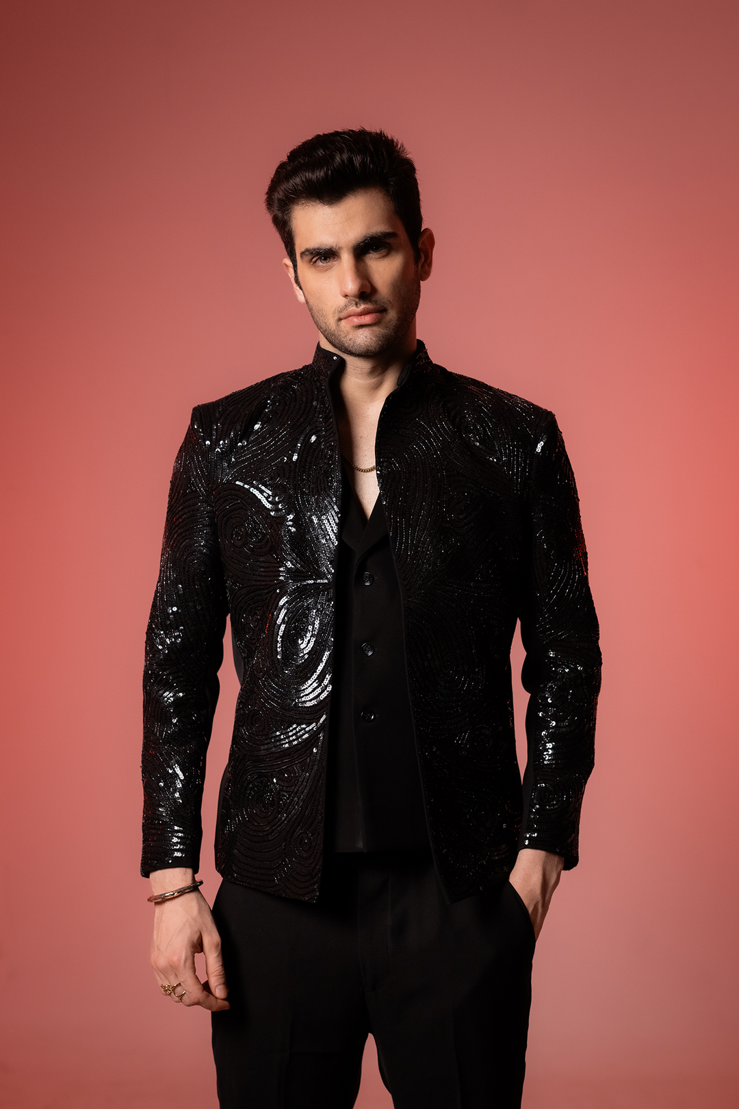 Glitz — Black Sequin Embroidered Armani Fabric Bling Blazer Set