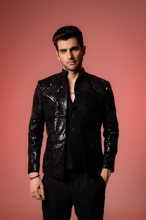 Glitz — Black Sequin Embroidered Armani Fabric Bling Blazer Set
