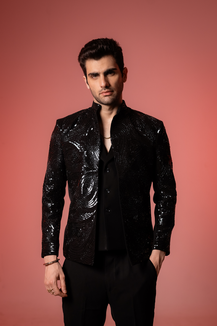 Glitz — Black Sequin Embroidered Armani Fabric Bling Blazer Set