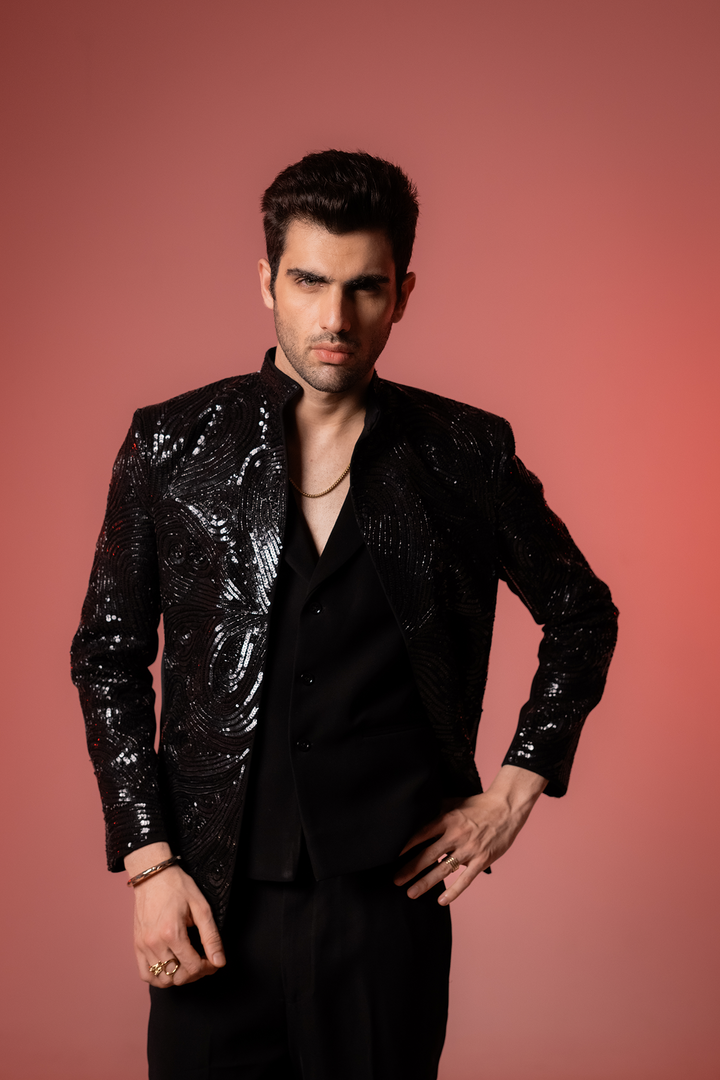 Glitz — Black Sequin Embroidered Armani Fabric Bling Blazer Set