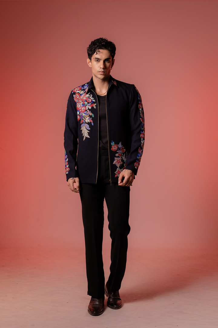 Roman — Midnight Blue Hand Embroidered Armani Fabric Shacket