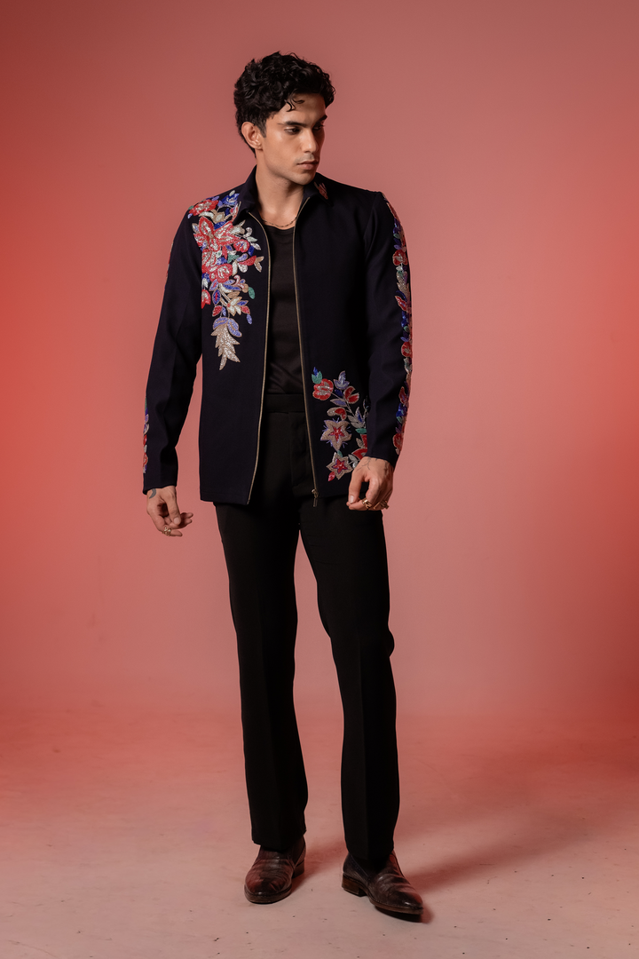 Roman — Midnight Blue Hand Embroidered Armani Fabric Shacket