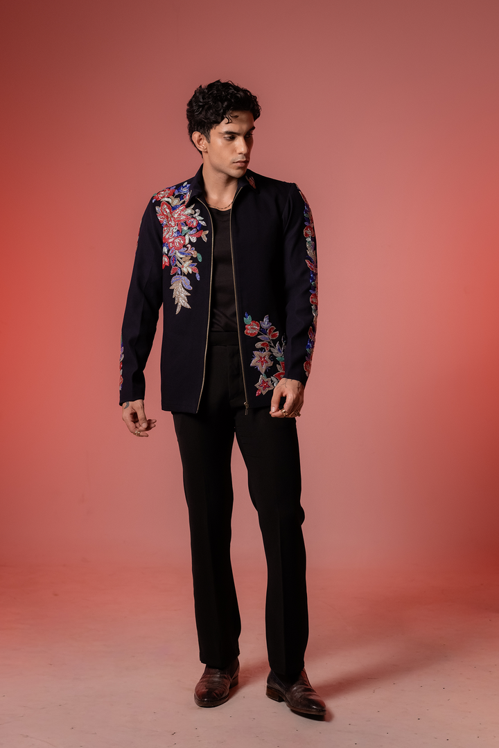 Roman — Midnight Blue Hand Embroidered Armani Fabric Shacket