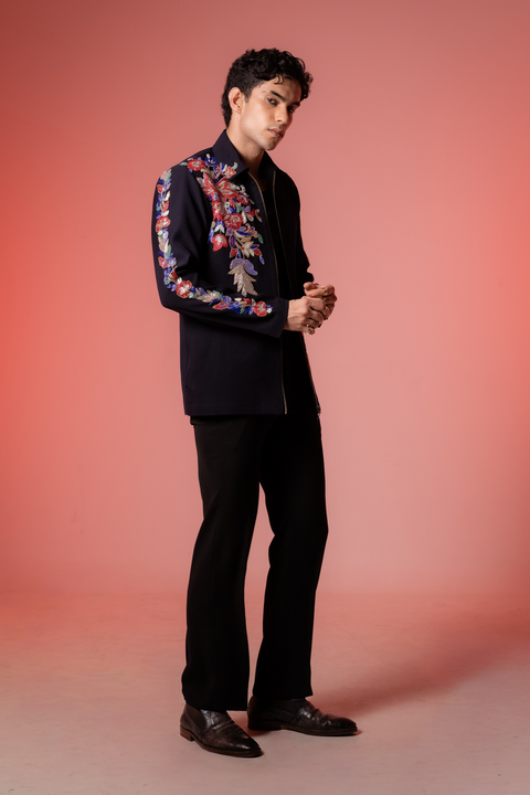 Roman — Midnight Blue Hand Embroidered Armani Fabric Shacket