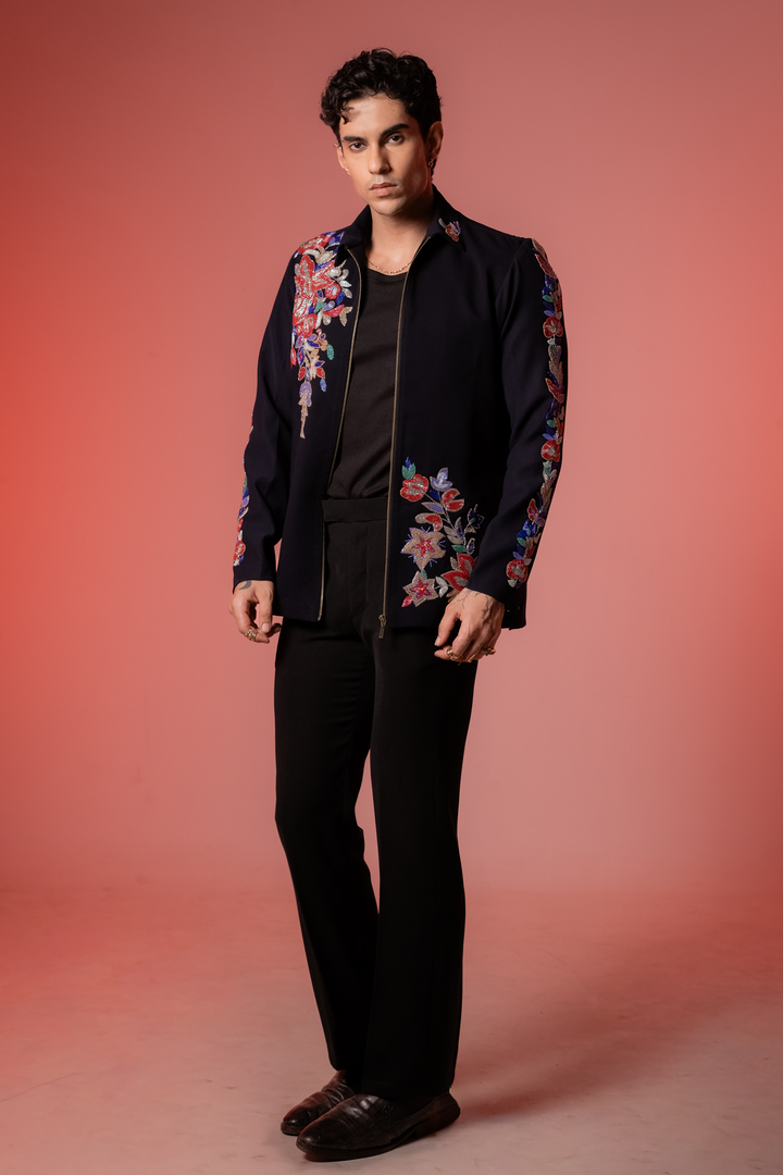 Roman — Midnight Blue Hand Embroidered Armani Fabric Shacket