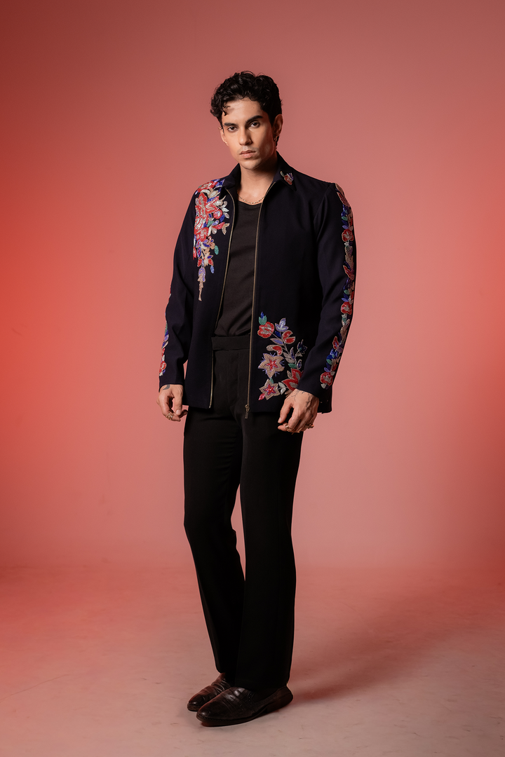 Roman — Midnight Blue Hand Embroidered Armani Fabric Shacket