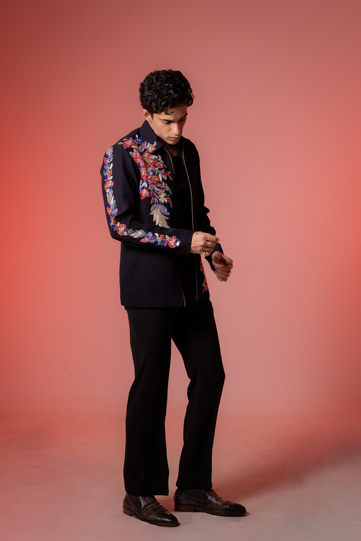 Roman — Midnight Blue Hand Embroidered Armani Fabric Shacket