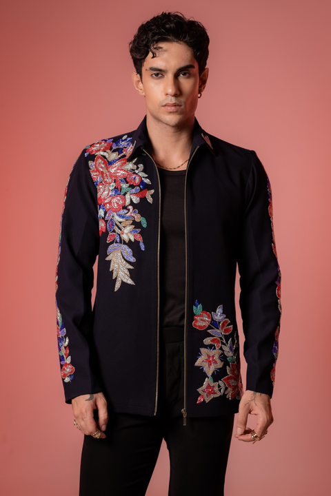 Roman — Midnight Blue Hand Embroidered Armani Fabric Shacket