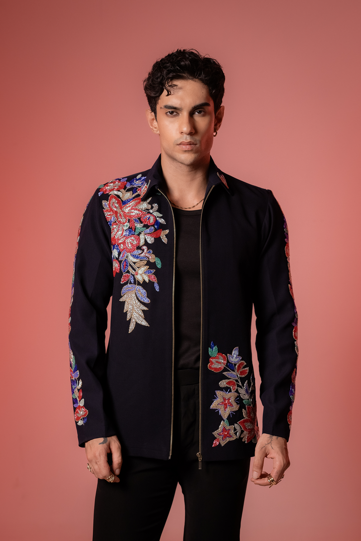 Roman — Midnight Blue Hand Embroidered Armani Fabric Shacket