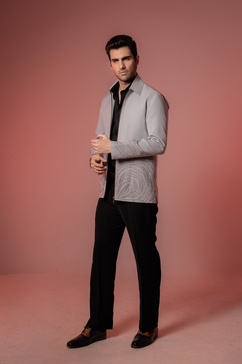 Echo Form — Grey Hand Embroidered 4-Way Stretch Shacket