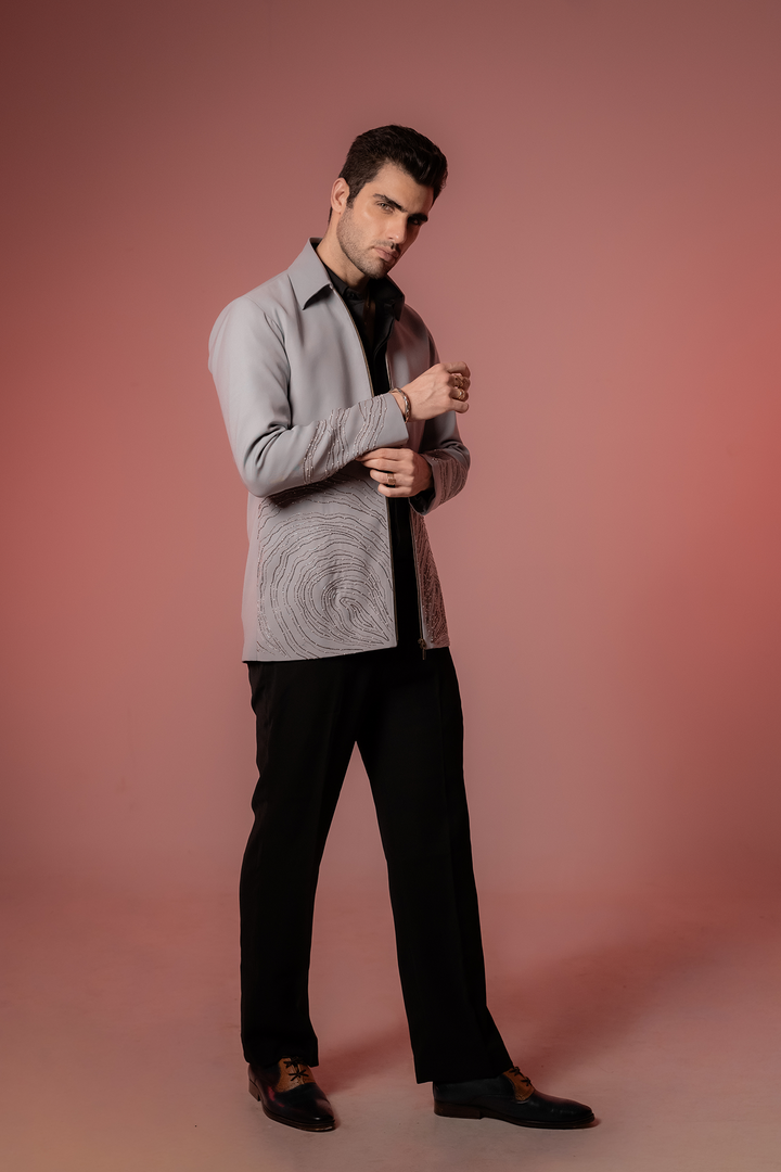 Echo Form — Grey Hand Embroidered 4-Way Stretch Shacket