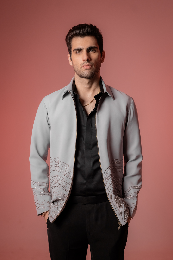 Echo Form — Grey Hand Embroidered 4-Way Stretch Shacket