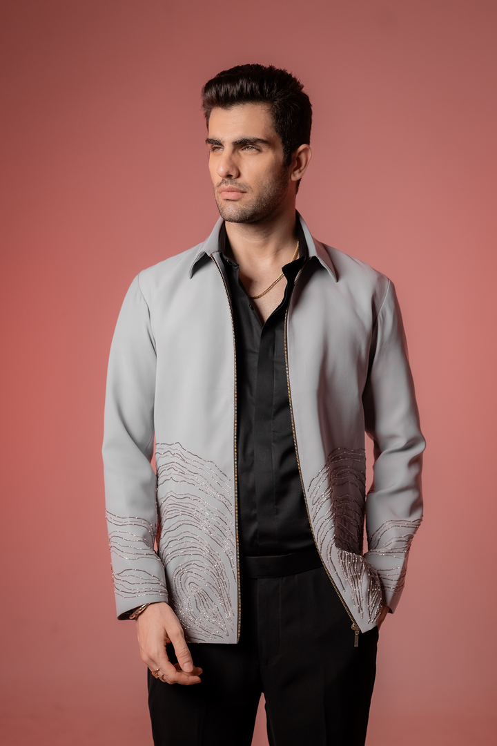 Echo Form — Grey Hand Embroidered 4-Way Stretch Shacket
