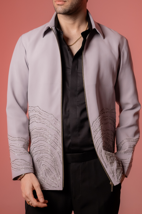Echo Form — Grey Hand Embroidered 4-Way Stretch Shacket