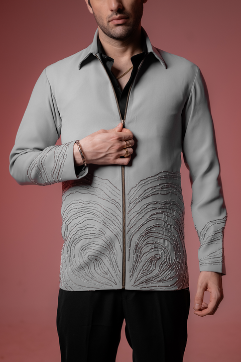 Echo Form — Grey Hand Embroidered 4-Way Stretch Shacket