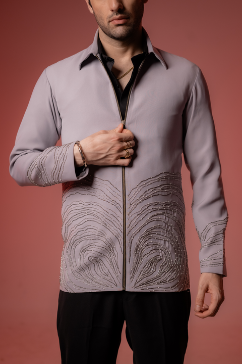 Echo Form — Grey Hand Embroidered 4-Way Stretch Shacket