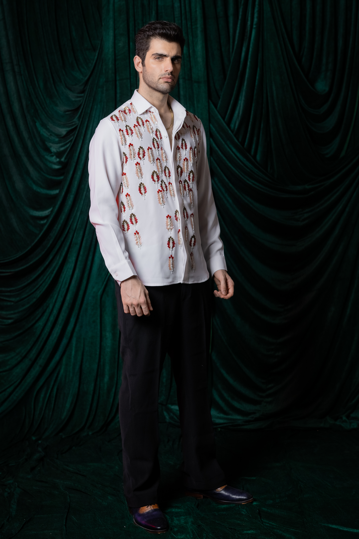 Meher — White Hand Embroidered Armani Fabric Shirt