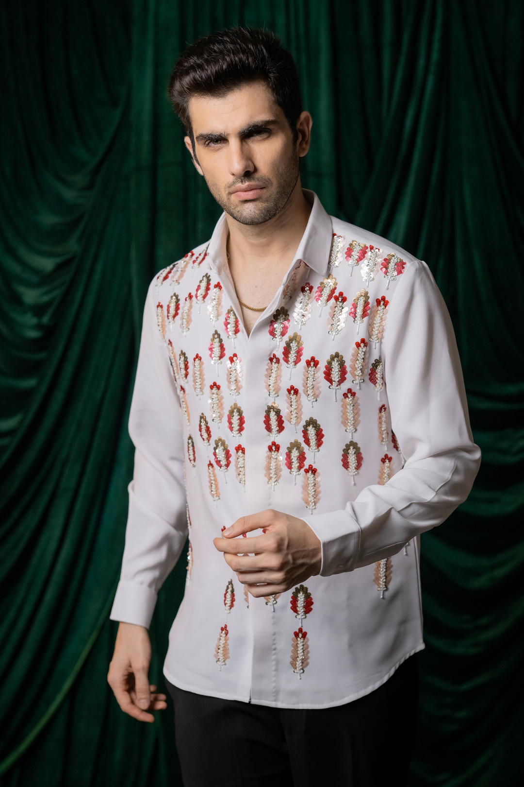 Meher — White Hand Embroidered Armani Fabric Shirt