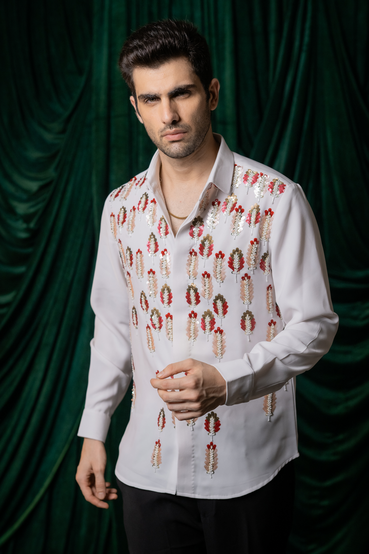 Meher — White Hand Embroidered Armani Fabric Shirt